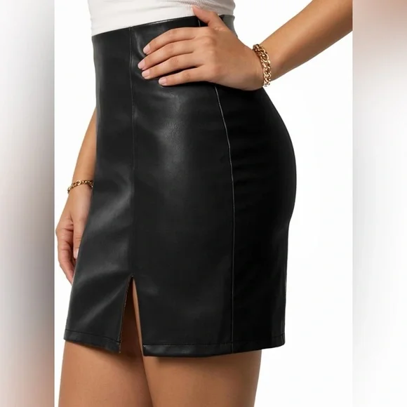 High Waist Bodycon Mini Short Faux Leather Skirt with Slit - Picture 2 of 12
